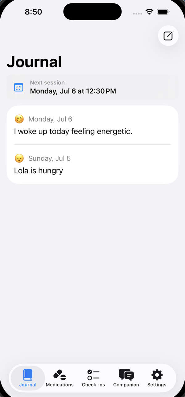 The SessionBridge patient app showing a journal with the next session date and mood check-in entries